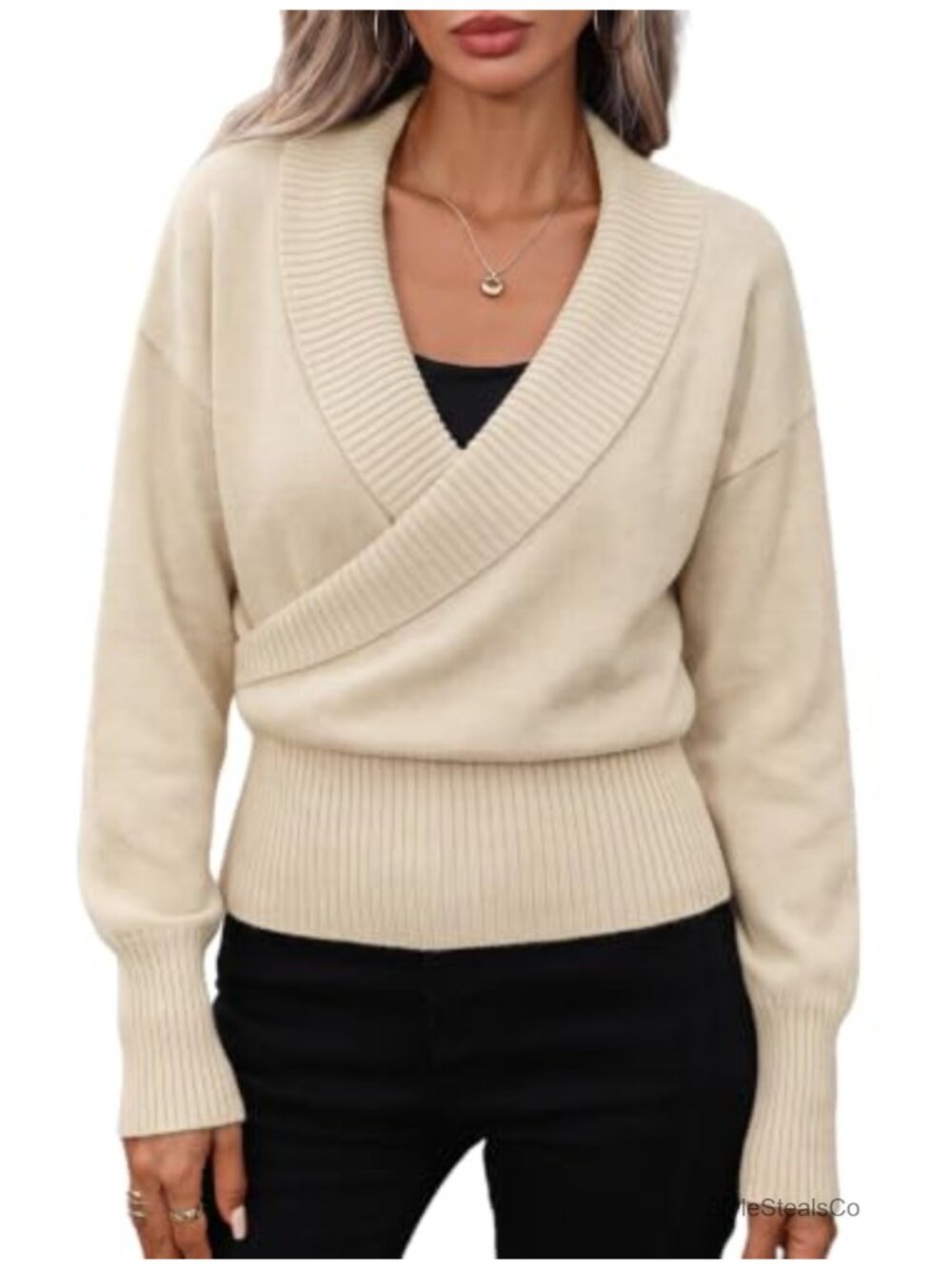 ZAFUL Cropped Sweater V Neck Cross Front Pullover Top Polyester Blend Knit